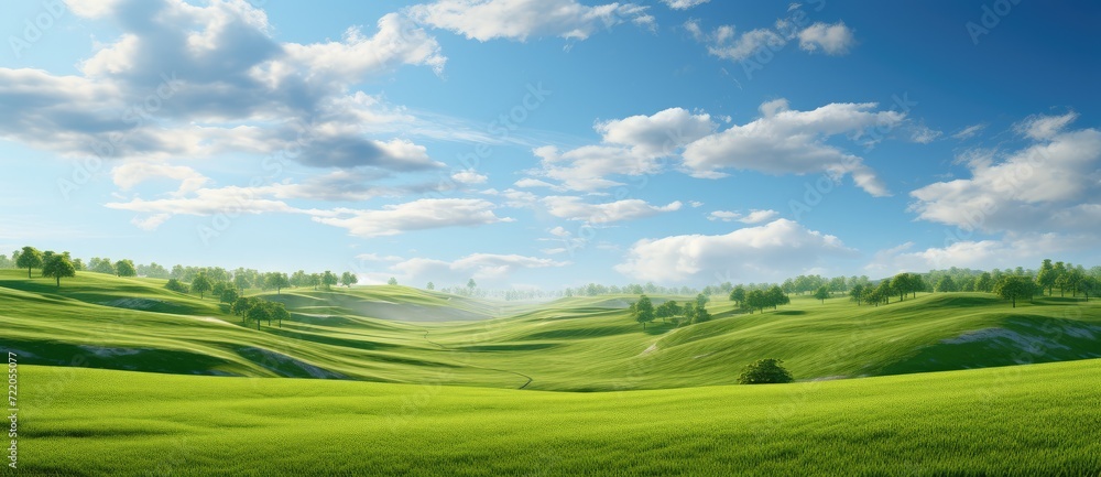 Endless Green Fields: A Serene and Vibrant Landscape Under the Blue Sky - Generative AI