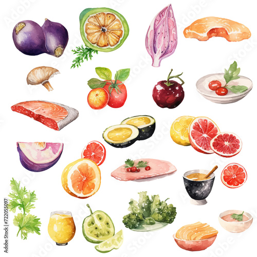 watercolor pictures with food, fruits, fish and meat, isolated on white background, clipart