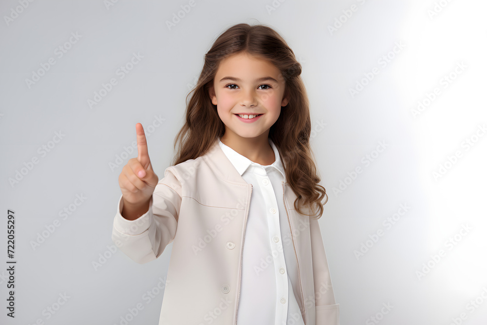 Full-Size Photograph of a Positive and Gorgeous Girl, Indicating with her Finger towards an Empty Space. Exuding Positivity and Charm, Isolated Against a Striking White Background. Full-Size Photograph of a Positive and Gorgeous Girl, Indicating with her Finger towards an Empty Space. Exuding Positivity and Charm, Isolated Against a Striking White Background.