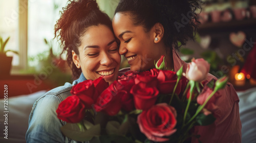 Close up of happy young lesbian couple together holding flowers. Engagement celebration. Pride concept. Generative AI