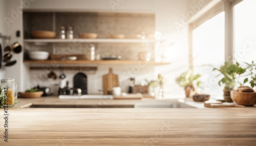 Selective focus on wooden kitchen island. Empty wooden table with copy space for display products. Clean countertop for cooking.