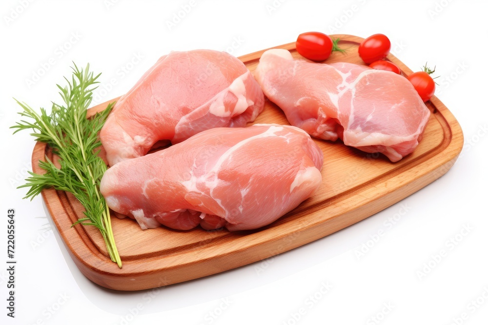 Fresh Raw Chicken Breasts with Herbs and Tomatoes on Wooden Board - Generative AI Fresh Raw Chicken Breasts with Herbs and Tomatoes on Wooden Board - Generative AI