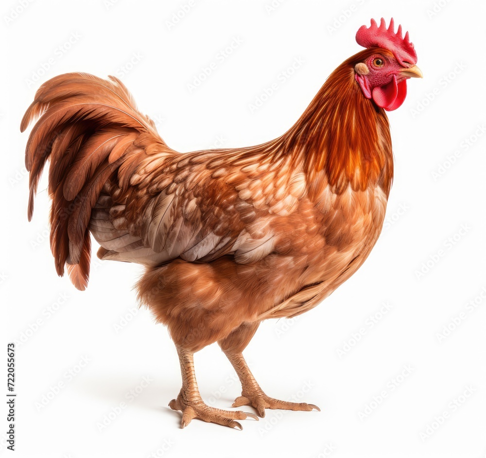 Fototapeta premium Regal Brown Rooster Showcasing Its Beautiful Feathers on White - Generative AI