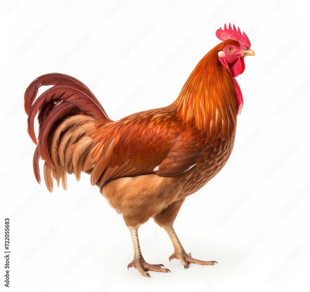 Fototapeta premium Regal Brown Rooster Showcasing Its Beautiful Feathers on White - Generative AI