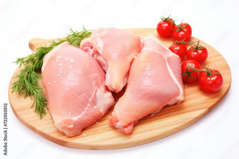 Fresh Raw Chicken Breasts with Herbs and Tomatoes on Wooden Board - Generative AI Fresh Raw Chicken Breasts with Herbs and Tomatoes on Wooden Board - Generative AI
