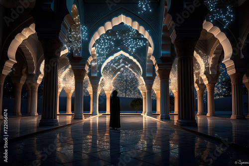 Under celestial stary brilliance, a lone girl in the mosque courtyard, captivated by the mesmerizing geometric patterns of architectural splendor