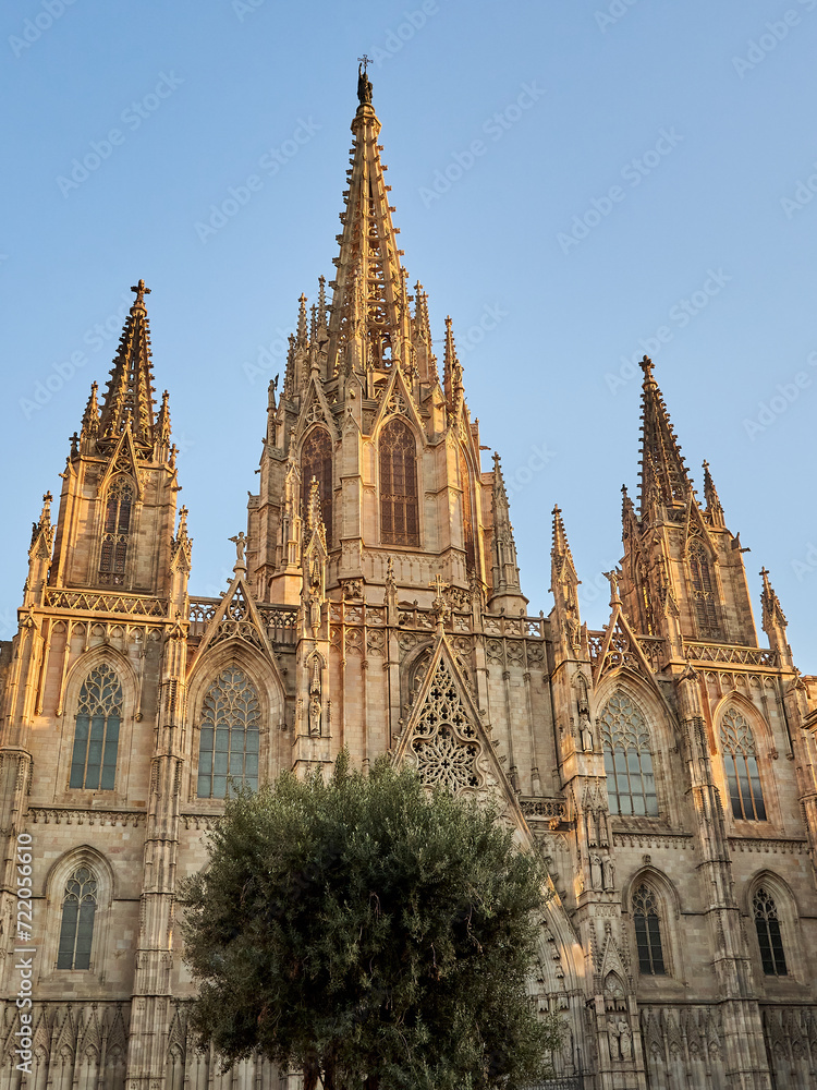 Facade of the Cathedral of the Holy Cross and Saint Eulalia (Catedral de la Santa Creu i Santa Eulàlia in Catalan) at sunset. Gothic Quarter, Barcelona, Spain, Europe