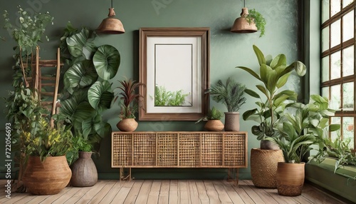 living room with table and flowers.an inviting digital illustration portraying a Scandinavian room interior enriched with a brown bamboo shelf featuring a mock-up photo frame and stylish plants in hip