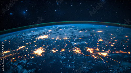 planet Earth globe from space. Glowing city lights, light clouds. Generative Ai, 