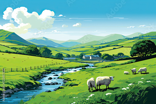 St. Patrick's Day unveils tranquil charm: emerald fields embrace grazing sheep, a meandering river mirrors the azure sky