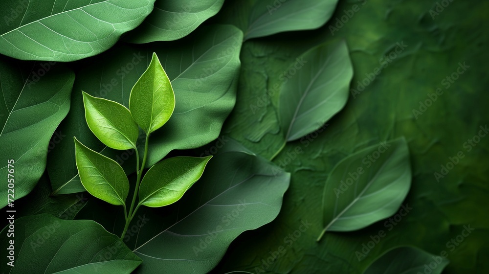Green leaves on green background. Place for your text. Generative AI. Green leaves on green background. Place for your text. Generative AI.
