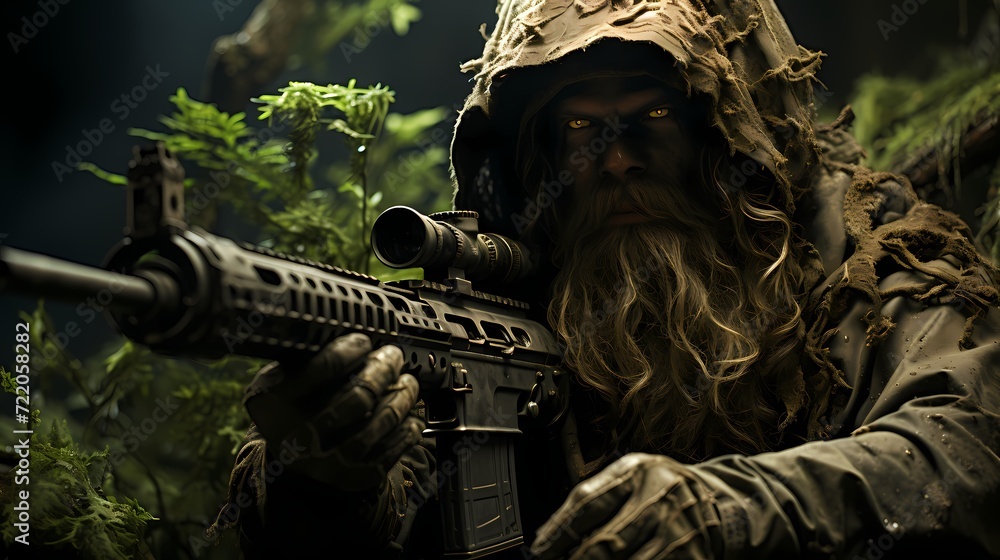 Sniper in a ghillie suit hidden in a vantage point, observing a