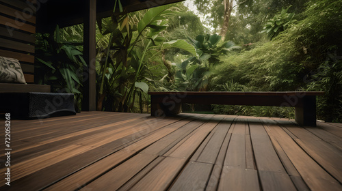 Tranquil Tropical Deck Oasis with Lush Greenery AI-Generative