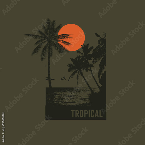 Vintage tropical beach  summer palm tree graphic design poster