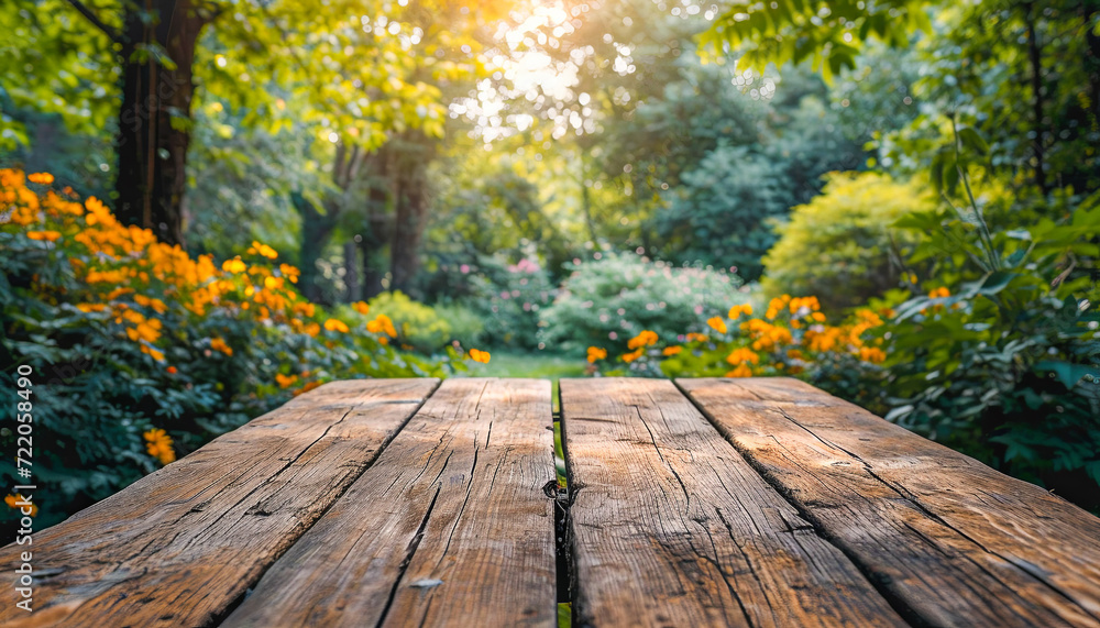 Weathered Wooden Table Board In Focus With a Blurred Floral Background Of A Sunny Flower And Green Trees Garden for Advertisement Or Promotion, Copy Space, Empty Weathered Wooden Table Board In Focus With a Blurred Floral Background Of A Sunny Flower And Green Trees Garden for Advertisement Or Promotion, Copy Space, Empty
