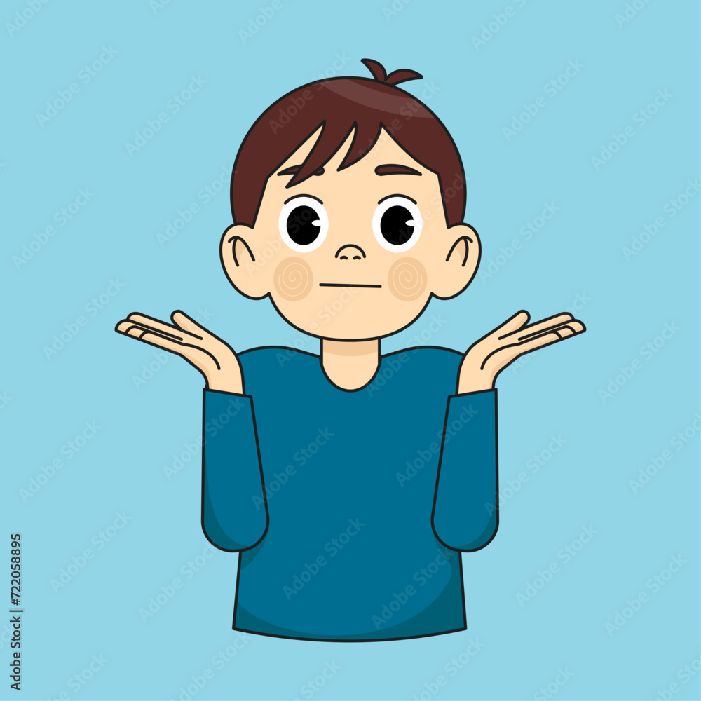The boy is at a loss, without a clue. Not knowing what to say. Shoulders and arms raised The boy is at a loss, without a clue. Not knowing what to say. Shoulders and arms raised