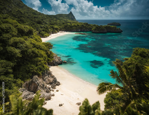 Tropical natural ocean coastline landscape with stone on sandy beach, amazing tropic scenery. Fantastic image sea for vacation design. Concept of summer vacation and travel holiday. Copy ad text space © Alex Vog