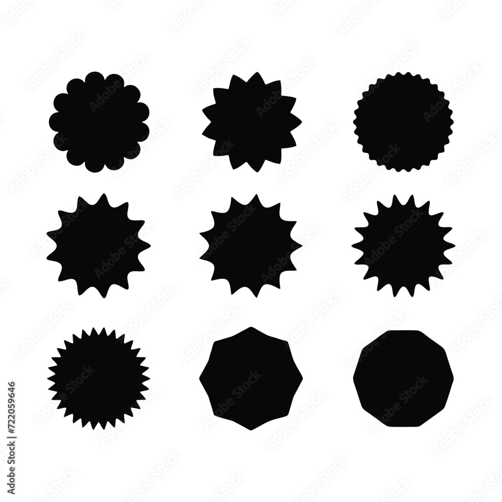 Set of black starburst badges icon. Sunburst stickers for price, promo, quality, sale tags. Vector illustration. Set of black starburst badges icon. Sunburst stickers for price, promo, quality, sale tags. Vector illustration.
