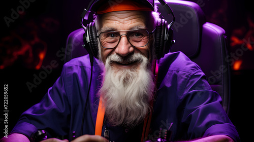Elder grey haired gamer man playing computer games. Old gamer video man play