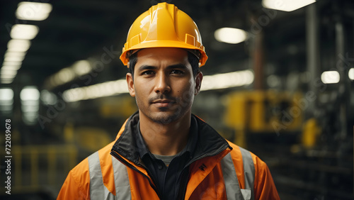 Portrait of confident male engineer in safety helmet standing at industrial plant. Industrial and engineering concept