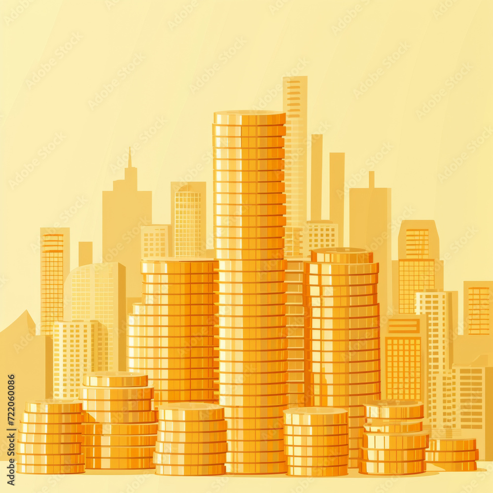 Golden coins like buildings with gradual reduction of elements towards the top.