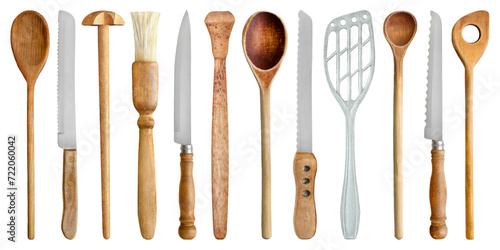 Various vintage cooking spoons and knives isolated on transparent background PNG cut out photo