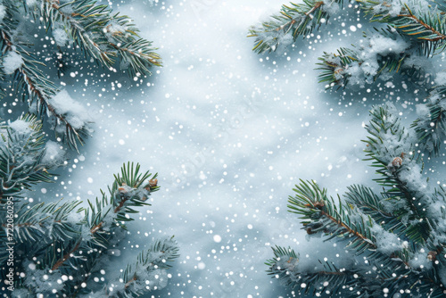 Fir branches lay on the snow on the sides of the image on a Christmas snowy background with Christmas garlands.