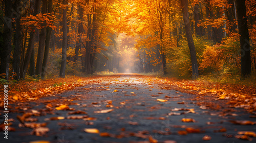 A path passing through a misty forest during autumn season.  generative ai  © Saleem
