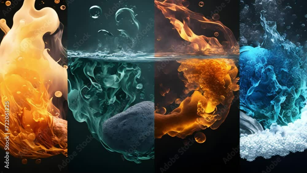 four elements fire, water, earth and air. animation of the movement of the elements. Generative AI