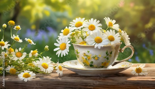 chamomile flowers in a cup.a visually soothing illustration of a spring scene, showcasing a teacup filled with yellow and white chamomile flowers on a wooden table in a garden. Infuse the composition 