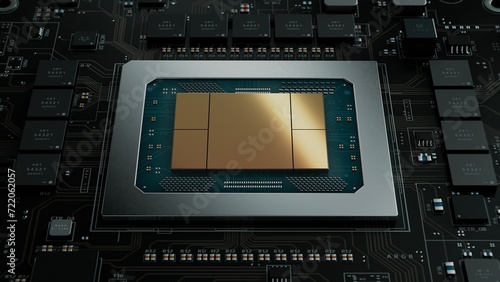 GPU Chip for High-Performance Computing. Close-up of Advanced AI Microchip with Golden Reflection on Next-generation Artificial Intelligence Acceleration Card for Data Centers and Supercomputers.