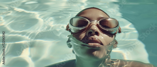 Serene swimmer emerges, water's glistening dance reflected in her goggles under the calm sky