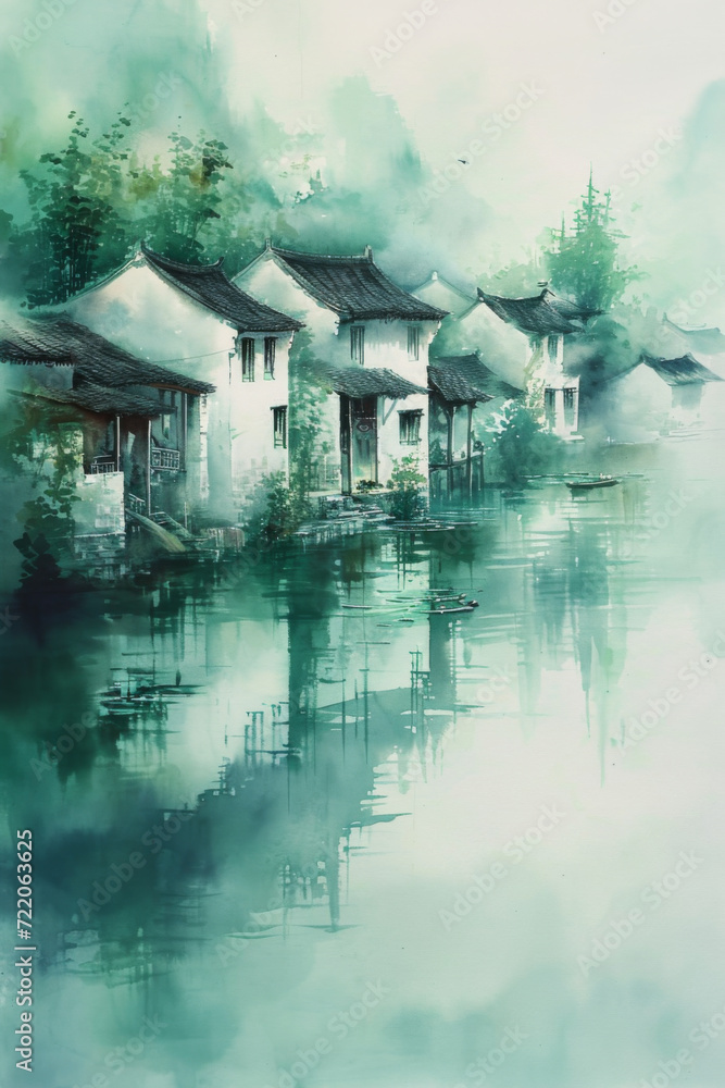 Fototapeta premium A watercolor painting featuring white cottages on the water.