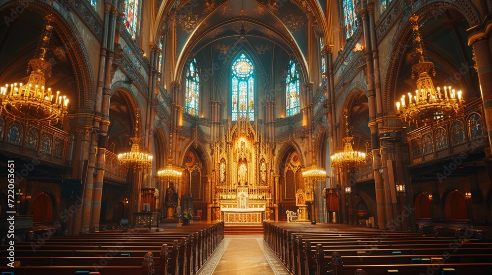 A historic cathedral venue with soaring ceilings, stained glass windows, and ornate architecture, providing a grand and majestic setting for a traditional wedding ceremony.