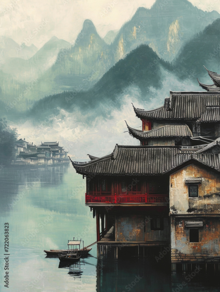 Obraz premium A painting of a chinese place on the lake next to mountains.