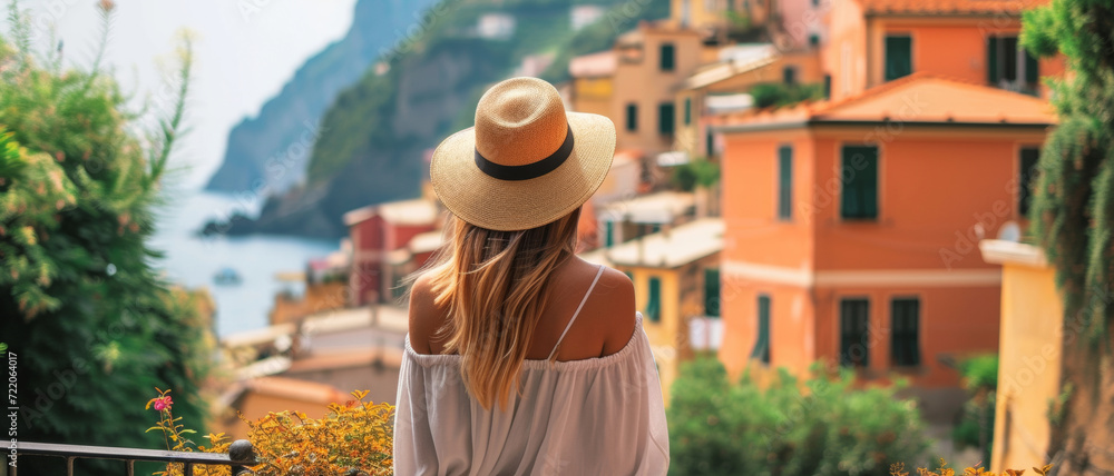 Traveler in a sun hat overlooks a picturesque coastal village, embodying the allure of wanderlust