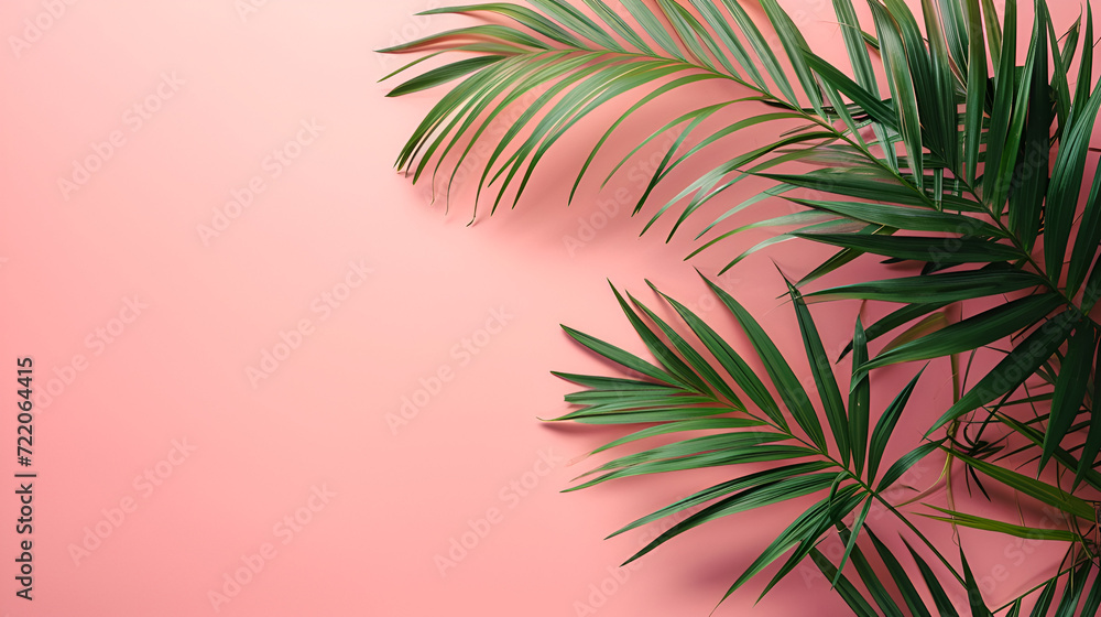 Plam leaves on pink background, copy space, generative ai