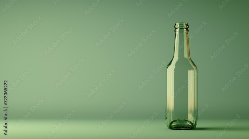 Banner with copy space and a single, empty glass bottle placed to the right on a green background, creating a minimalist and eco-friendly vibe for recycling, alcoholism prevention and eco topics Banner with copy space and a single, empty glass bottle placed to the right on a green background, creating a minimalist and eco-friendly vibe for recycling, alcoholism prevention and eco topics