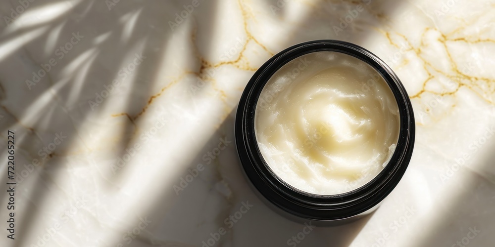 Wide banner displaying an open jar of moisturizer on a marbled surface with natural light casting shadows with copy space for make up industry and beauty salons  - obrazy, fototapety, plakaty 