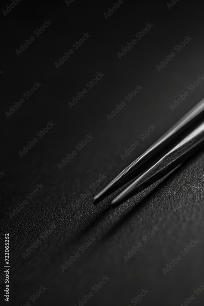 Background with a pair of chic tweezers placed on the right side, elegantly resting on a black leather-like texture. Background with a pair of chic tweezers placed on the right side, elegantly resting on a black leather-like texture.