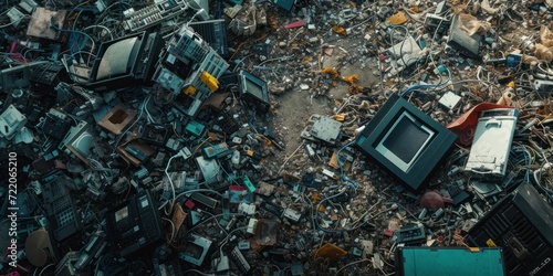 Background with a vast assortment of electronic waste including screens, cables, and assorted devices, highlighting the need for recycling and eco-awareness.