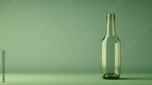 Banner with copy space and a single, empty glass bottle placed to the right on a green background, creating a minimalist and eco-friendly vibe for recycling, alcoholism prevention and eco topics 
