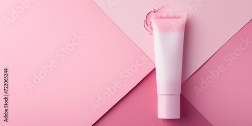 Background displaying a minimalist setup with a white tube of cream spilling over on a dual-toned pink surface, creating a diagonal divide, with copy space for make up industry and beauty salons 