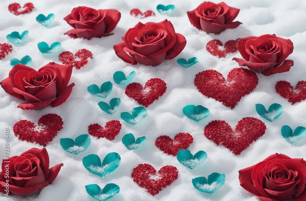 Heart Shaped Rose blossom Boquete on snow card holiday design Heart Shaped Rose blossom Boquete on snow card holiday design