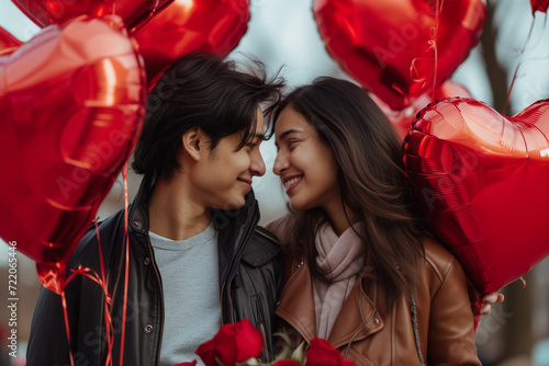 Southeast Asian couple in love with heart-shaped balloons, valentine's day date, hugging and smiling and laughing, happy