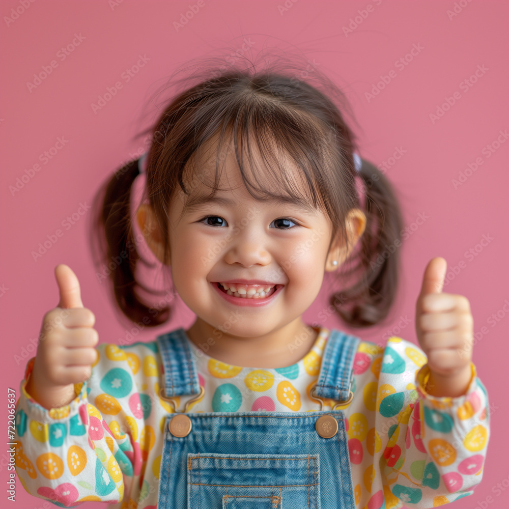 Fisheye view of a japanese kid girl jumping and thumbs pink background. Fisheye view of a japanese kid girl jumping and thumbs pink background.