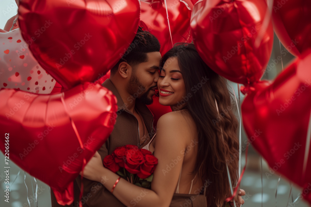 couple in love with heart shaped balloons, valentine's day date, hugging and smiling couple in love with heart shaped balloons, valentine's day date, hugging and smiling