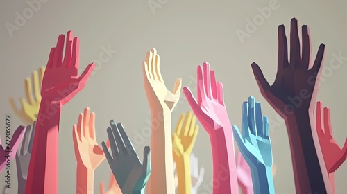Colorful low poly hands raised up, representing diversity, unity, and participation in a minimalistic illustration.