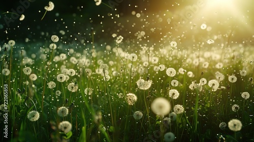 Dandelion seeds float gently in a field bathed in warm sunlight, creating a serene and whimsical atmosphere.