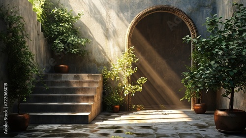 A beautifully lit Mediterranean style courtyard featuring sunbeams filtering through foliage  casting shadows on stone surfaces.
